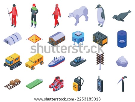 Arctic exploration icons set isometric vector. Ice pole. Polar flag
