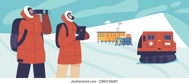 Arctic Exploration, Polar Expedition Concept. Scientist Explorer Characters In Warm Winter Outfit At Research Station