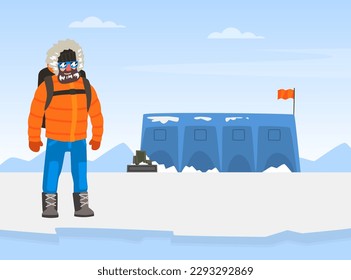 Arctic exploration and polar expedition. Male explorer in warm winter outfit at research station vector illustration