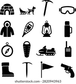 Arctic Exploration and Winter Polar Survival Icons Set - Solid Black Glyph Vector Collection