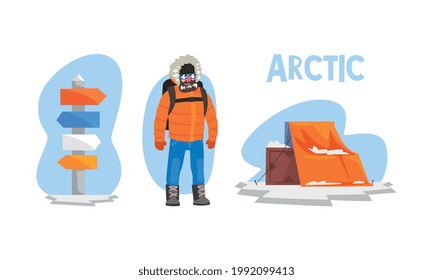 Arctic Explorer Set, Male Explorer in Winter Outfit, Research Station, Crossroad Direction Post, Polar Expedition Concept Cartoon Vector Illustration