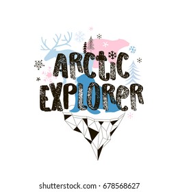 Arctic Explorer typografischer Druck mit Polaretieren und Eisberger Silhouette. Abbildung des Ökosystems am Nordpol. Perfekt für den Druck von Textilien-T-Shirt-Textilien
