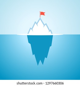 Arctic floating iceberg with flag, vector cartoon illustration on blue background