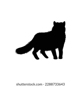 Arctic fox black silhouette, flat vector illustration isolated on white background. Wild animal icon. Kids education concept. Polar fox drawing, north polar animal.