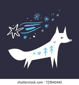 Arctic fox and comet, vector illustration. Poster, postcard, print, sticker, label and other.