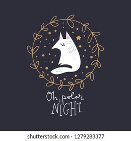 Arctic fox in the golden frame, lettering tairy tale text. Unique print for posters, cards, clothes and stationery. Polar night