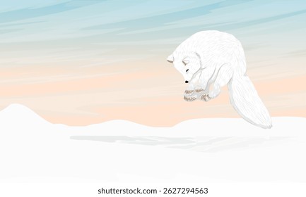 Raposa ártica caçando um rato sob a neve. Salto de raposa ártica. Caça ao rato. Paisagem vetorial realista