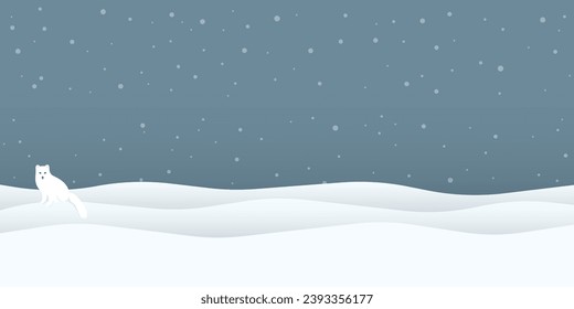 Fox Ártica en las tierras de nieve en ilustración vectorial nocturna. El concepto de paisaje de nieve tiene espacio en blanco.