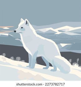 Arctic fox in snowy tundra. Arctic animals in natural habitat. Flat vector illustration concept