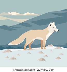 Arktischer Fuchs in schneebedeckter Tundra. Arktische Tiere in natürlichen Lebensräumen. Flaches Vektorgrafik-Konzept