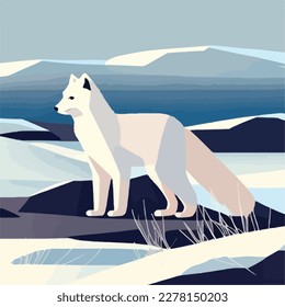 Arctic fox in snowy tundra. Arctic animals in natural habitat. Flat vector illustration concept