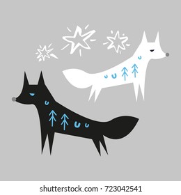 Arctic foxes, vector illustration. Poster, postcard, print, sticker, label and other.