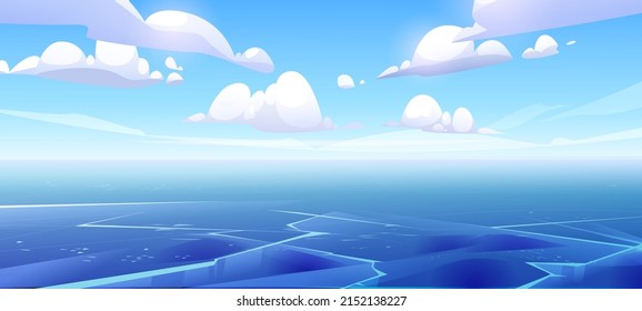 Arctic frozen sea landscape with flat ice surface. Background of winter ocean with glacier. Vector cartoon illustration of antarctic ocean or winter lake with blue ice