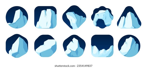 Arctic glacier. Cartoon mountain ice floating on sea with icebergs, polar landscape with frozen floating mountain with icy rocks melting. Vector illustration of ice glacier mountain