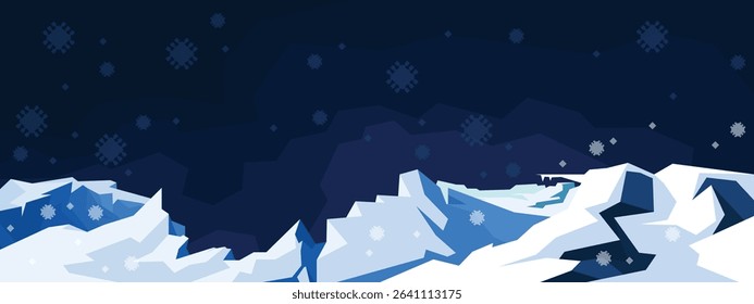 Arctic glacier landscape with falling snowflakes and ice formations in low-poly style. Vector illustration for winter backgrounds and climate change awareness design