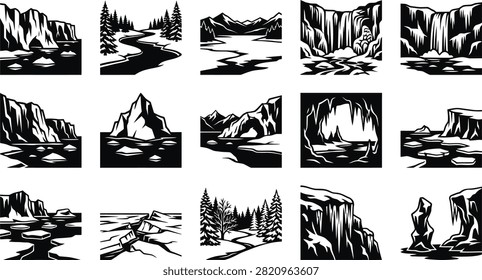 Arctic glacier landscape silhouette set with icebergs frozen waterfalls ice caves and winter mountains black and white vector illustration