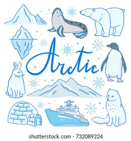 Arctic Hand Drawn Illustrations. Vector Arctic Set: North Animals, Iceberg, Mountains, Ship