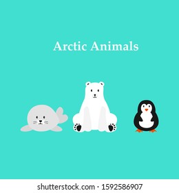 Arctic happy animals penguin, polar bear and fur seal. Flat vector cartoon illustration isolated blue background.