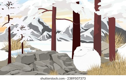 Der arktische Hasen versteckt sich vor der Kälte hinter hohen Felsen und trockenem Gras. Bäume und schneebedeckter Wald. Wildtier der Arktis. Realistische Vektorlandschaft