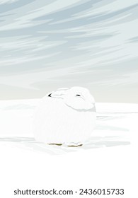 Arctic hare sits on the snow. Wild animal of the Arctic tundra in winter. Realistic vector vertical landscape