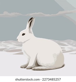 Liebre ártica en tundra nevada. Animales del Ártico en el hábitat natural. Concepto de ilustración vectorial plana