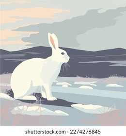 Arctic hare in snowy tundra. Arctic animals in natural habitat. Flat vector illustration concept