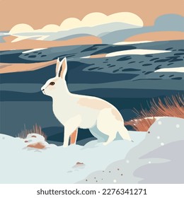 Arctic hare in snowy tundra. Arctic animals in natural habitat. Flat vector illustration concept