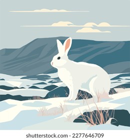 Arctic hare in snowy tundra. Arctic animals in natural habitat. Flat vector illustration concept