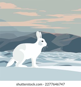 Arctic hare in snowy tundra. Arctic animals in natural habitat. Flat vector illustration concept