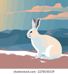 Arctic hare in snowy tundra. Arctic animals in natural habitat. Flat vector illustration concept