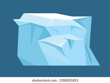 Concepto de hielo ártico. Iceberg y agua fría congelada o líquido. Parte del hermoso panorama o paisaje invernal. Ártico y antracótico. Dibujo vectorial plano de dibujos animados aislado en fondo azul