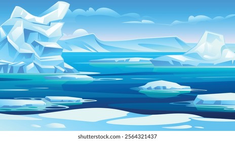 Arctic ice field with diverse ice formations and serene waters under a clear blue sky. Vector cartoon illustration