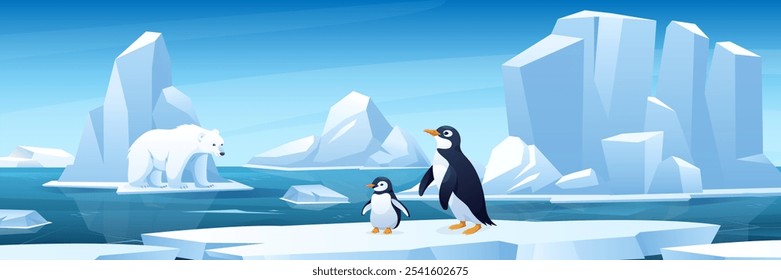 Paisagem de gelo ártico com urso e pinguins. Ilustração vetorial da natureza polar nevada com vida selvagem, oceano, icebergs, geleiras, montanhas congeladas, gelo flutuante. Vista horizontal. Conceito de aquecimento global