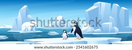 Arctic ice landscape with bear and penguins. Vector illustration of snowy polar nature with wildlife, ocean, icebergs, glaciers, frozen mountains, floating ice. Horizontal view. Global warming concept