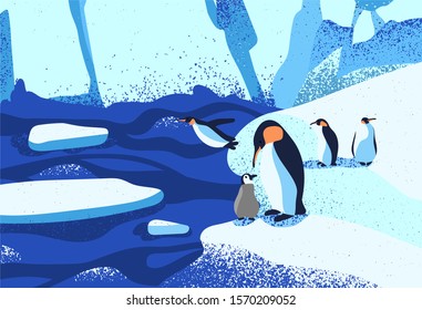 Arctic ice landscape flat vector illustration. Penguins family standing on ice floe. Melting glaciers. Iceberg, snow mountains hills, winter nature beauty. South pole inhabitants cartoon characters.