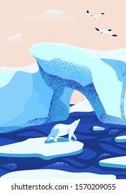 Arctic ice landscape flat vector illustration. Melting glaciers. Iceberg, snow mountains hills, winter nature beauty. Polar bear cartoon character standing on ice floe and looking at birds.