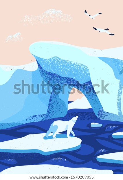 北極氷の風景の平らなベクターイラスト 溶ける氷河 氷山 雪山 冬の自然の美しさ 氷の上に立って鳥を見る北極熊の漫画のキャラクター のベクター画像素材 ロイヤリティフリー