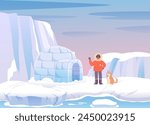 Arctic ice landscape with iceberg, glacier, mountains, water, igloo, man scientist vector illustration. Antarctica winter cold snow nature. Cartoon north scenery.