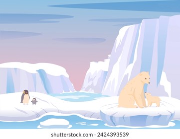 Arctic ice landscape with iceberg, glacier, mountains, penguin, polar bear vector illustration. Antarctica winter cold snow nature. North scenery.