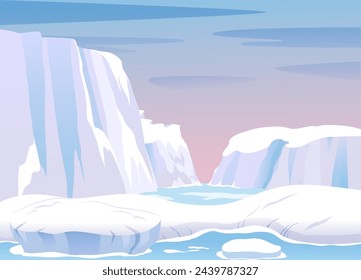 Arctic ice landscape with iceberg, glacier, mountains vector illustration. Antarctica winter cold snow nature. North scenery. Polar circle.