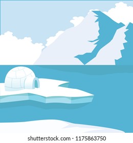 Arctic iceberg and mountains with Igloo Icehouse