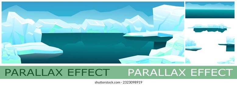 Arctic icebergs. Dark water and frost. set of slides create parallax image layer. Cartoon style. Isolated on white background. Vector.
