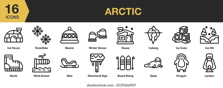 Conjunto de ícones do Ártico. Inclui gorro, esqui de mesa, botas, sinal direcional, casa e muito mais. Contornar coleção de vetores de ícones.