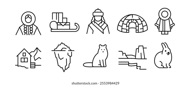 Arctic icons. Set of 10 arctic-themed trendy minimal icons. Example: Iceberg, Igloo, Polar Bear, Penguin, Walrus icon. Design signs for web page, mobile app, packaging design. Vector illustration.