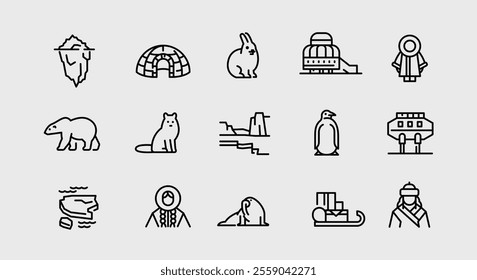 Arctic icons. Set of 15 arctic-themed trendy minimal icons. Example: Iceberg, Igloo, Polar Bear, Penguin, Walrus icon. Design signs for web page, mobile app, packaging design. Vector illustration.