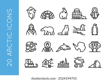 Iconos árticos. Conjunto de 20 iconos mínimos de moda de temática ártica. Ejemplo: Iceberg, Igloo, Oso Polar, Pingüino, Icono de morsa. Signos de diseño para la página de Web, App móvil, diseño de embalaje. Ilustración vectorial.