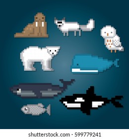 Arctic icons set. North pole. Pixel art. Old school computer graphic style. Games elements.