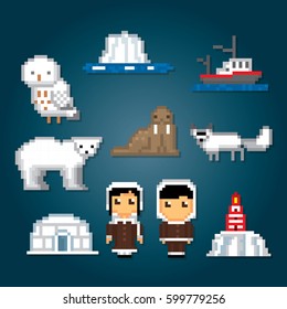 Arctic icons set. North pole. Pixel art. Old school computer graphic style. Games elements.