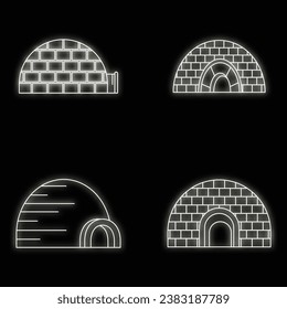 Arctic igloo icon set. Outline set of arctic igloo vector icons neon color on black