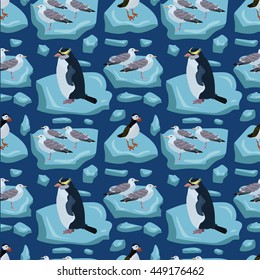 arctic illustration with penguin and gull, seamless pattern